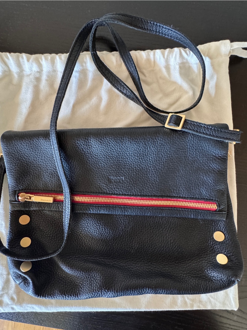 Hammitt VIP Large Black Leather Crossbody Bag with Red Zip Accent